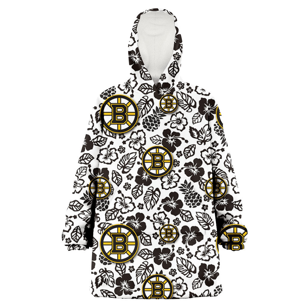 Boston Bruins Black And White Hibiscus Leaf White Background 3D Printed Hoodie Blanket Snug Hoodie