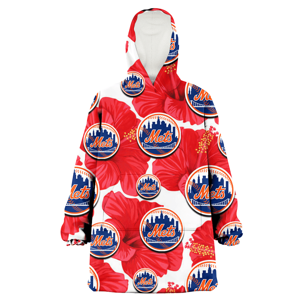 New York Mets Big Red Hibiscus White Background 3D Printed Hoodie Blanket Snug Hoodie