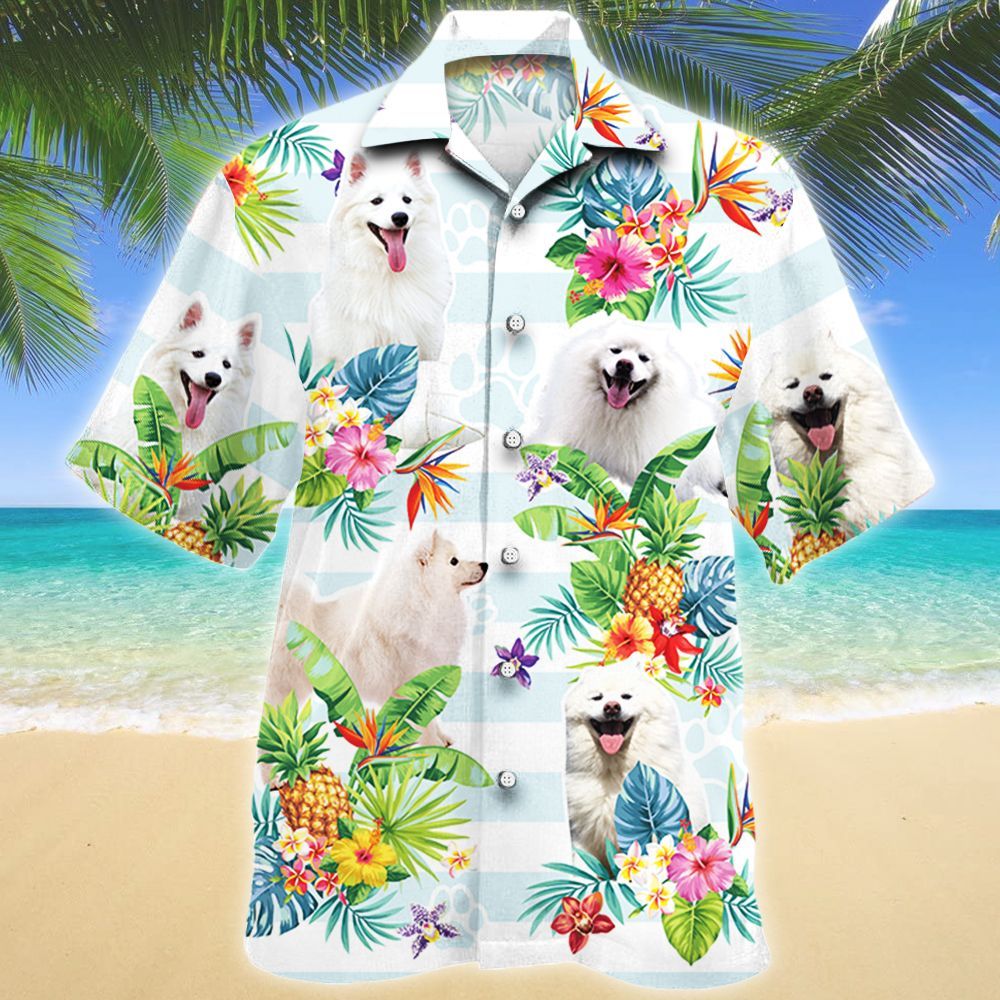 American Eskimo Dog Tropical Flower Hawaii Shirt, Dog Hawaiian Shirt Men, Short Sleeve Hawaiian Aloha Shirt