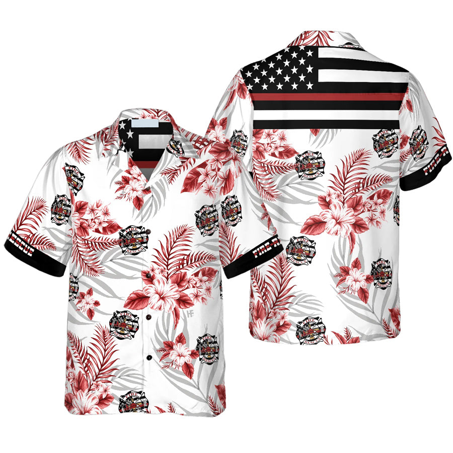 The Red Line Black American Flag Firefighter Hawaiian Shirt, Red Texas Bluebonnet Fire Dept Logo Firefighter Shirt For Men