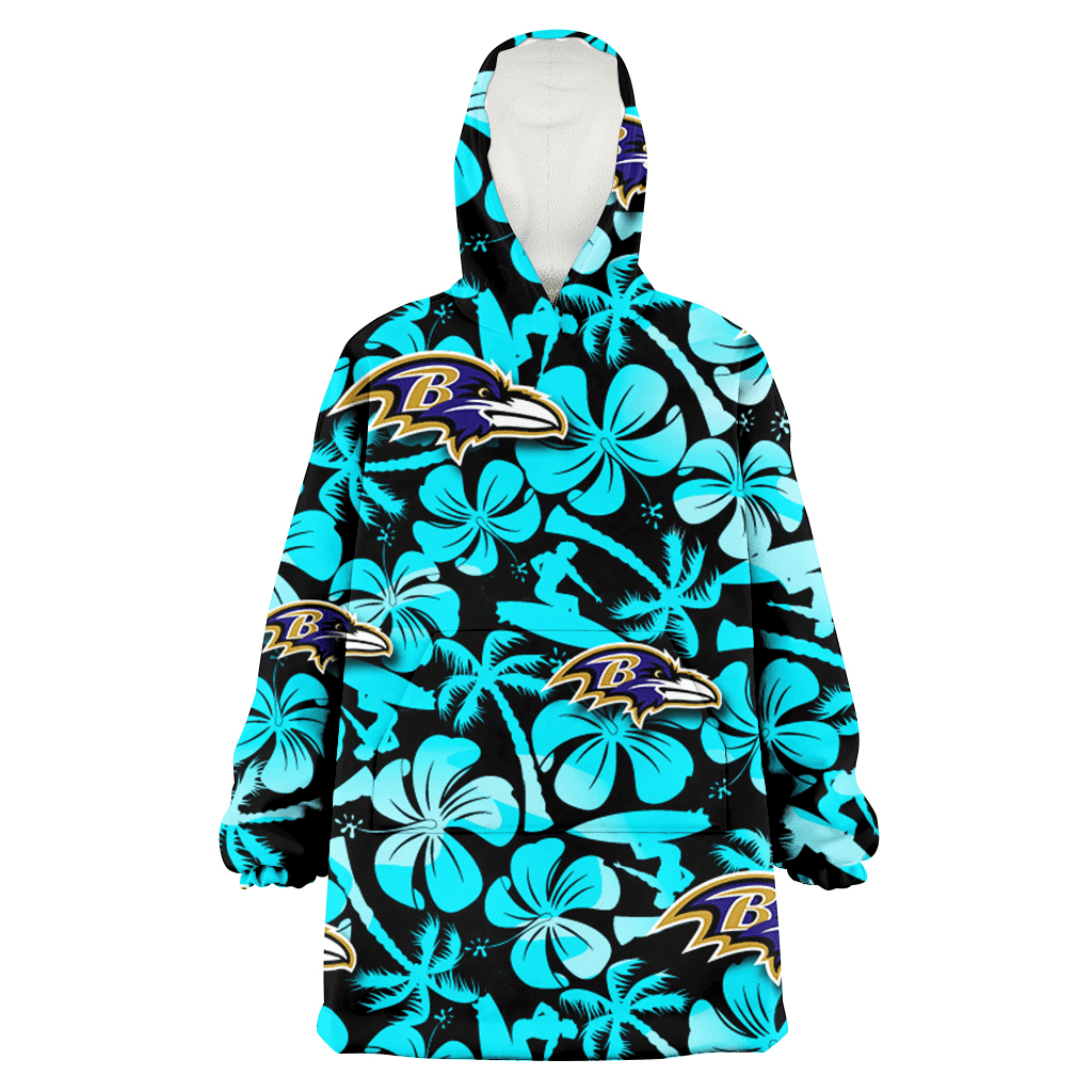 Baltimore Ravens Blue Hibiscus Blue Coconut Tree Black Background 3D Printed Hoodie Blanket Snug Hoodie