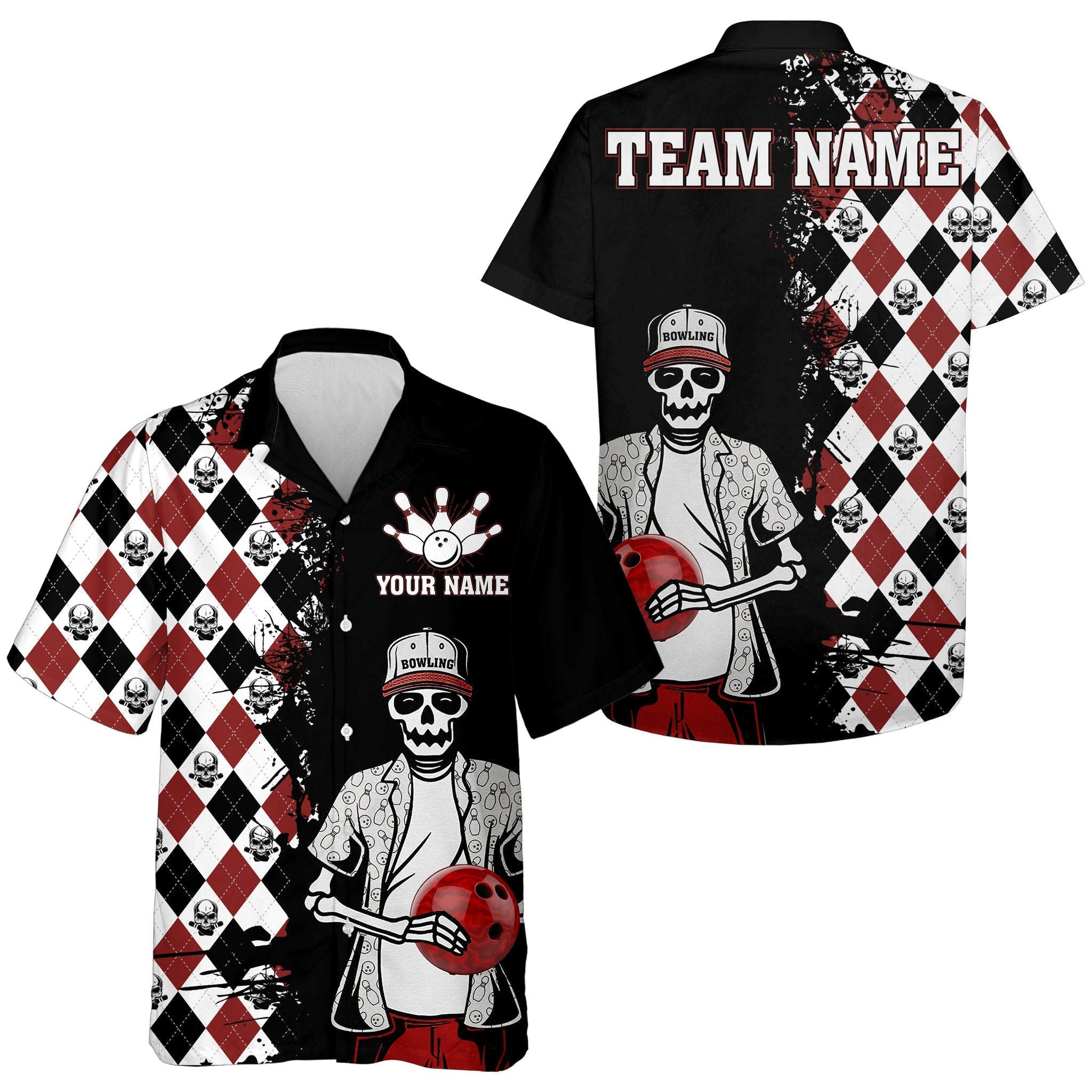 Skull Hawaiian Bowling Shirt Men Women, Personalized Name Argyle Bowling Pattern Bowler Team Jersey