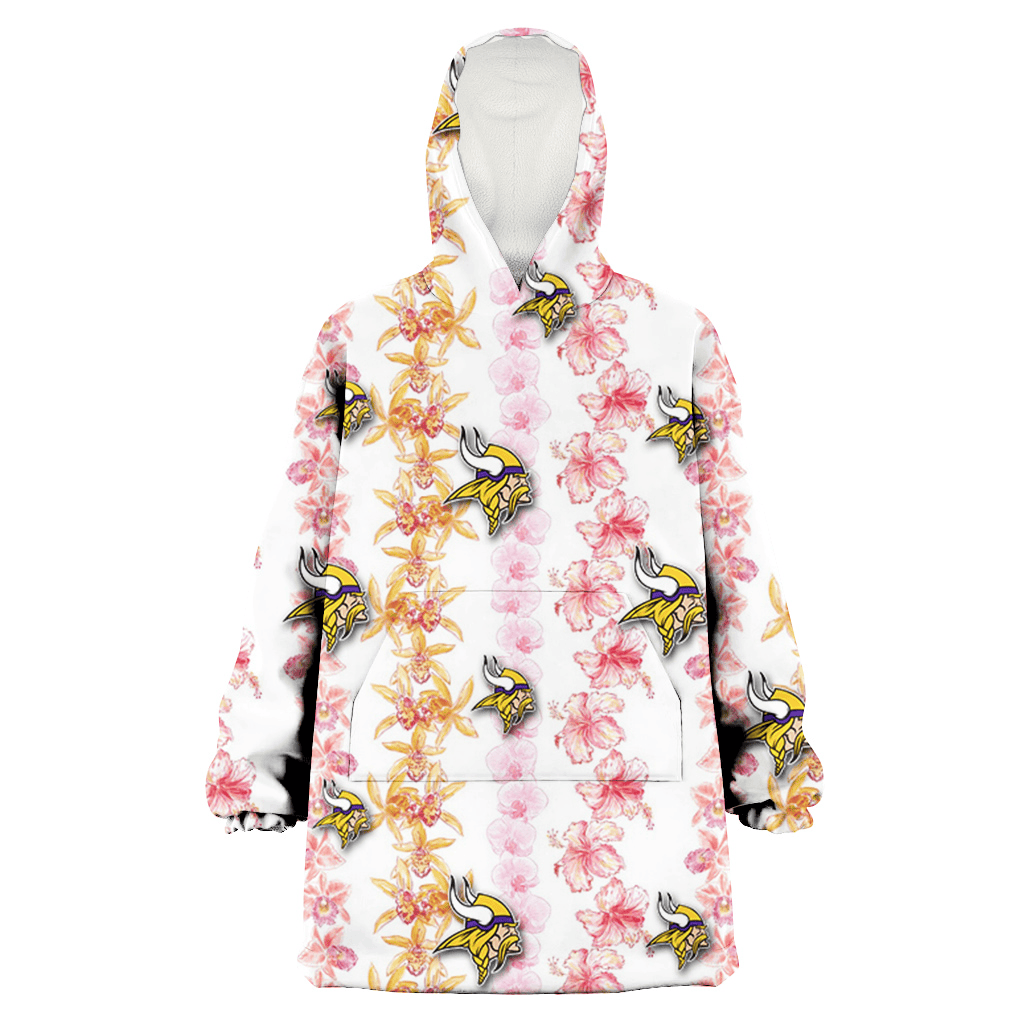 Minnesota Vikings Pink Hibiscus Yellow Pink Orchid White Background 3D Printed Hoodie Blanket Snug Hoodie