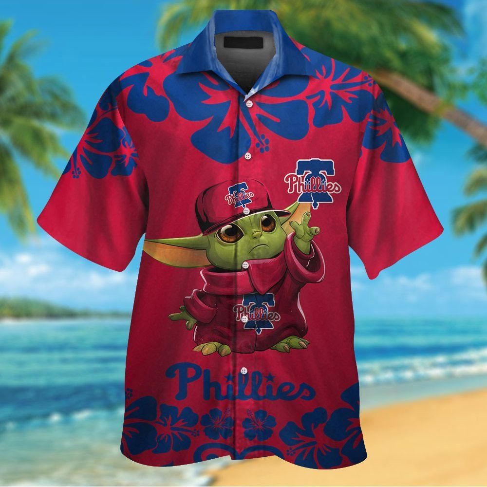 Philadelphia Phillies Baby Yoda Short Sleeve Button Up Tropical Hawaiian Shirt