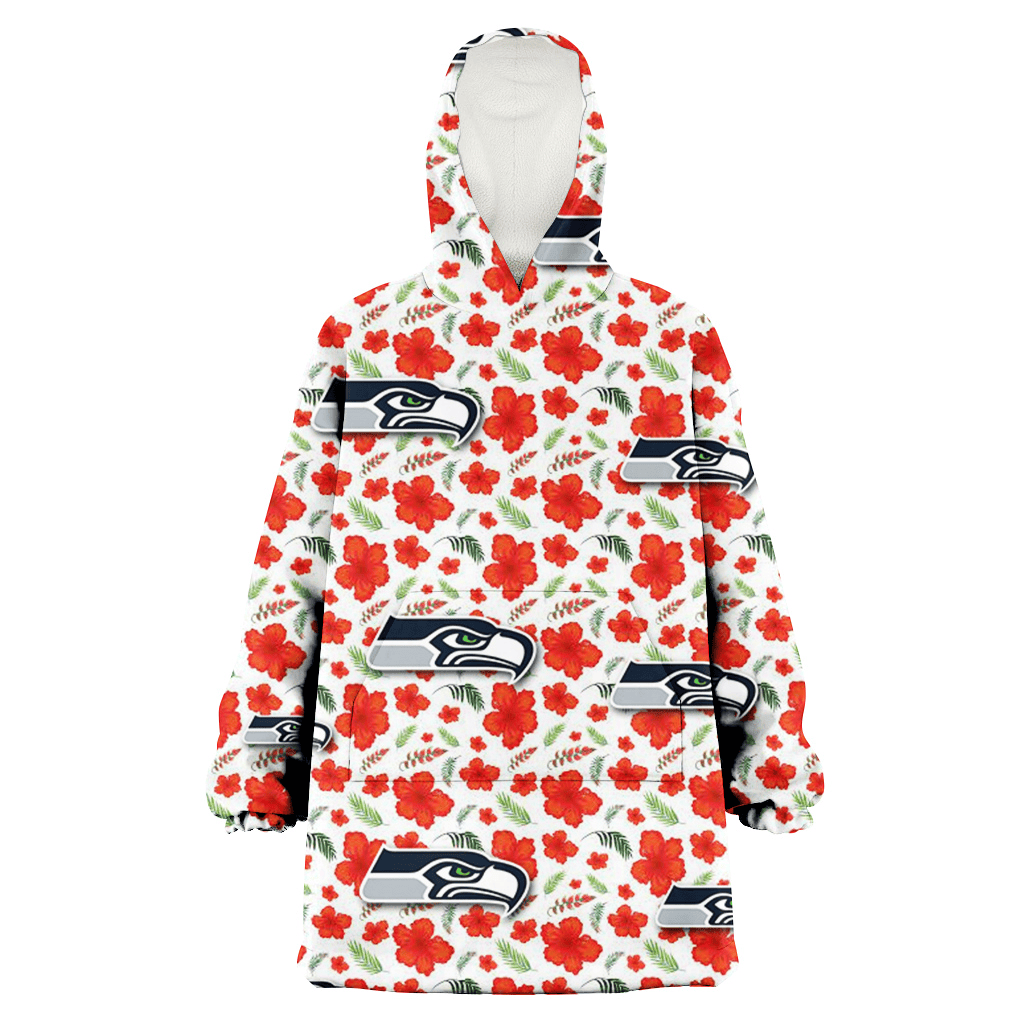 Seattle Seahawks Tiny Red Hibiscus Green Leaf White Cube Background 3D Printed Hoodie Blanket Snug Hoodie