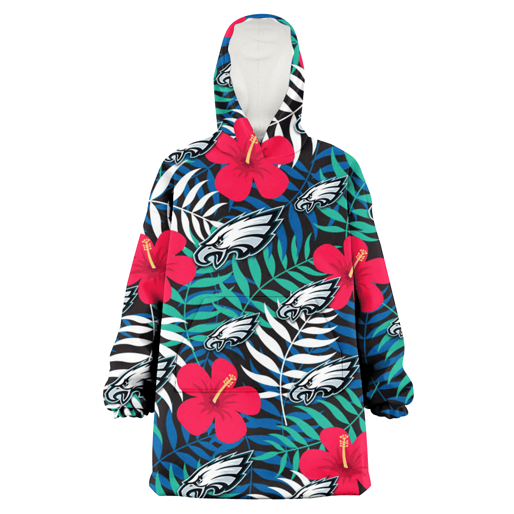 Philadelphia Eagles Red Hibiscus Green Blue White Leaf Black Background 3D Printed Hoodie Blanket Snug Hoodie