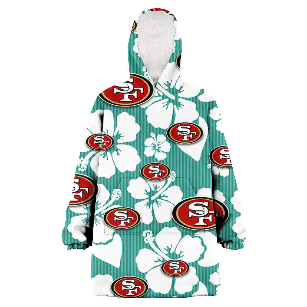 San Francisco 49ers White Hibiscus Turquoise Stripe Background 3D Printed Hoodie Blanket Snug Hoodie