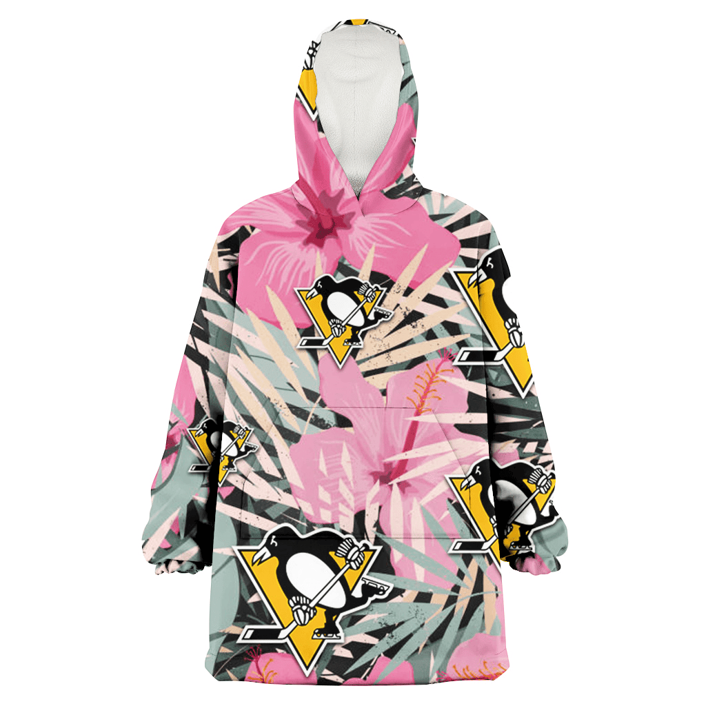 Pittsburgh Penguins Light Pink Hibiscus Pale Green Leaf Black Background 3D Printed Hoodie Blanket Snug Hoodie