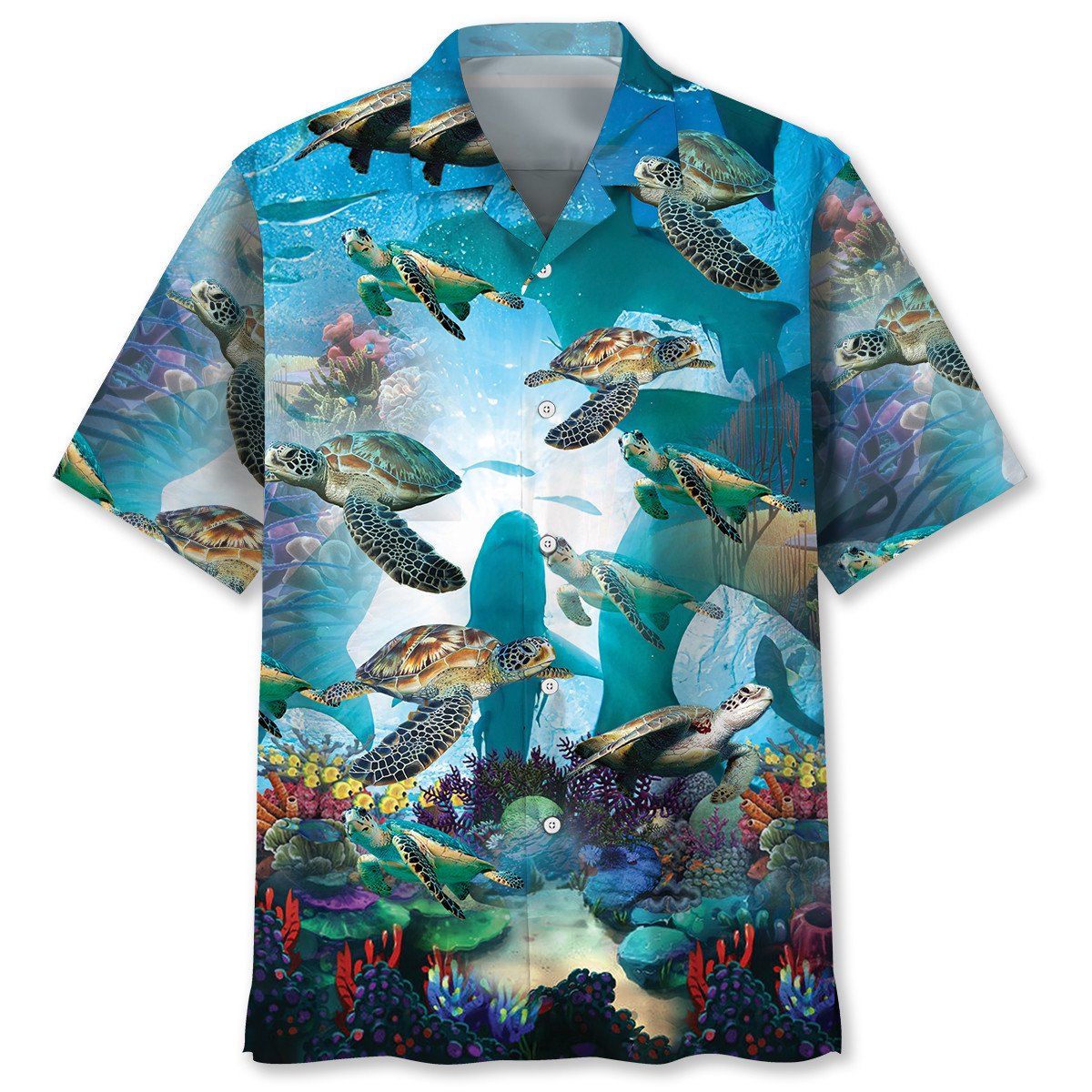 Turtle Shark Hawaiian Shirt, Ocean Turtle Background Pattern Shirt, Sea Turtle Summer Beach Hawaii Shirt