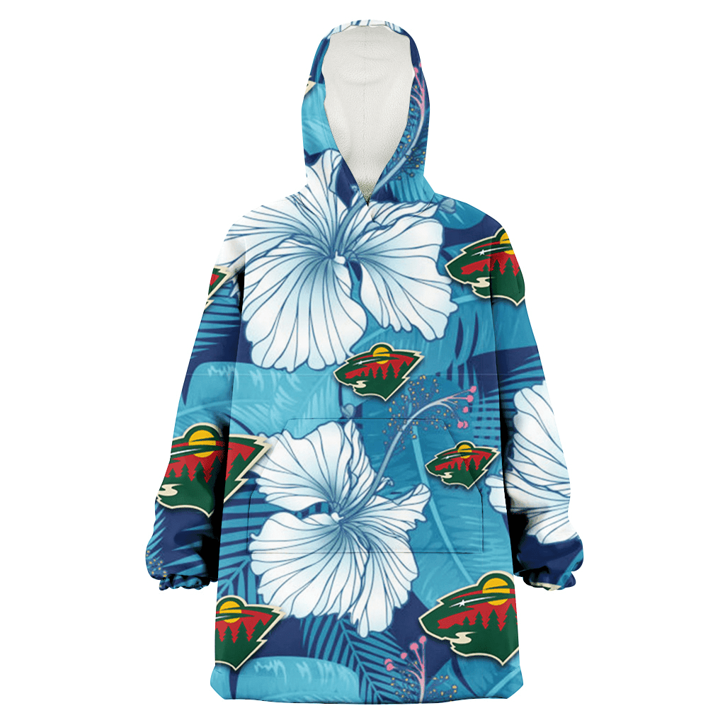 Minnesota Wild White Hibiscus Turquoise Banana Leaf Navy Background 3D Printed Hoodie Blanket Snug Hoodie