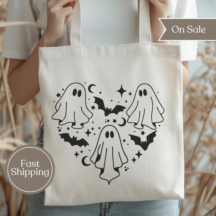 Cute Halloween Tote Bag, Halloween Heart Ghost and Bats Tote Bag, I Love Halloween Bag, Trick or Treat Candy Carrying Reusable Tote Bag, Best Tote Bags Ideas, Cute Tote Bags Ideas, Tote Bag Design Ideas, Girls Tote Bag, Best Canvas Tote Bags Ideas