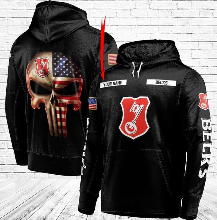 Personalized Black Usa Flag Skull Becks Beer Hoodie