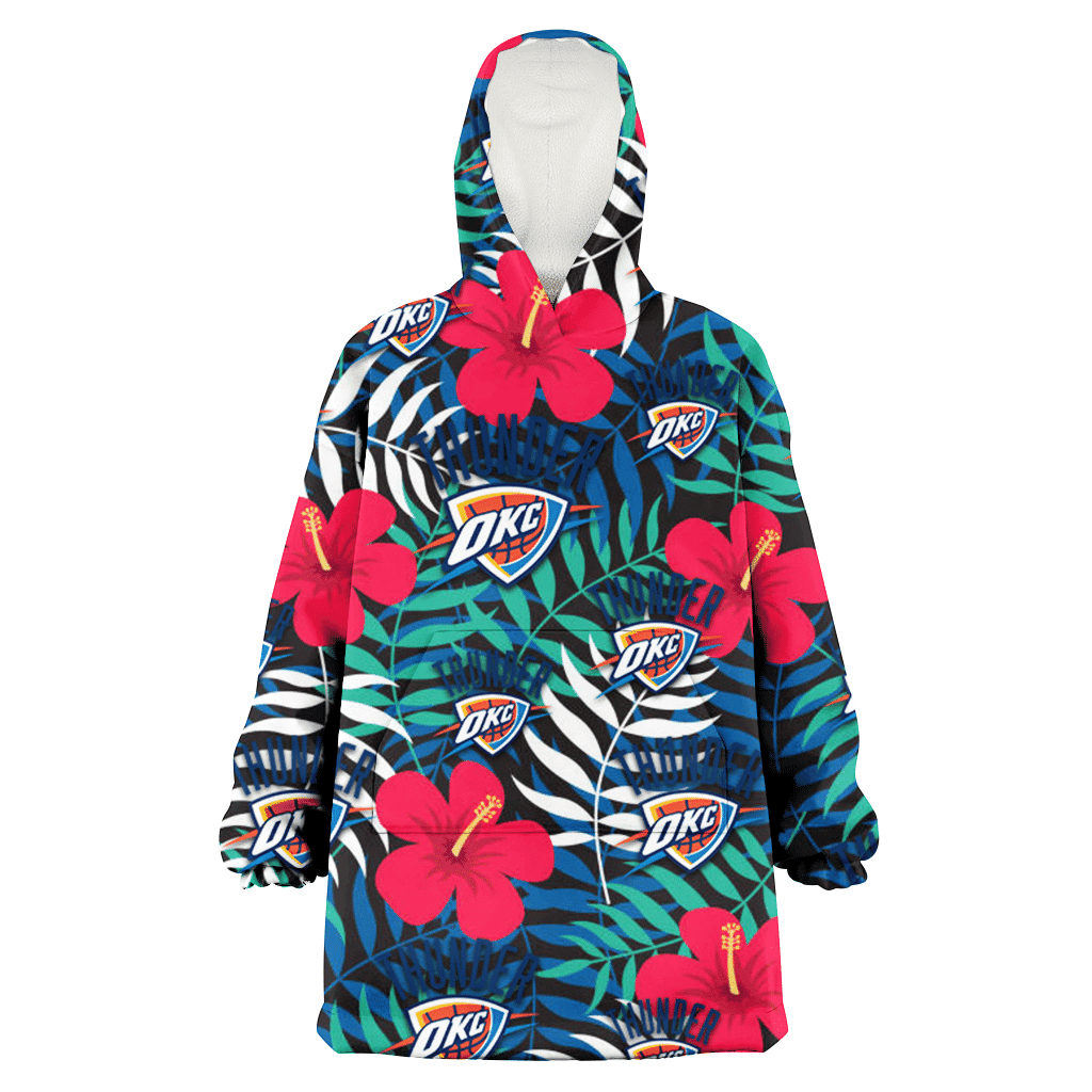 Oklahoma City Thunder Red Hibiscus Green Blue White Leaf Black Background 3D Printed Hoodie Blanket Snug Hoodie