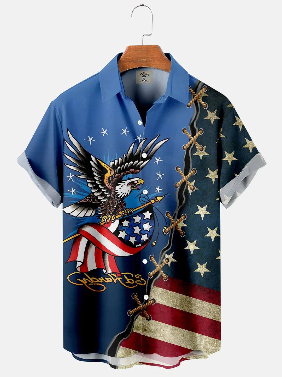 Men’S American Flag And Eagle Panel Print Short Sleeve Shirt, 4Th Of July Hawaiian Shirt For Men