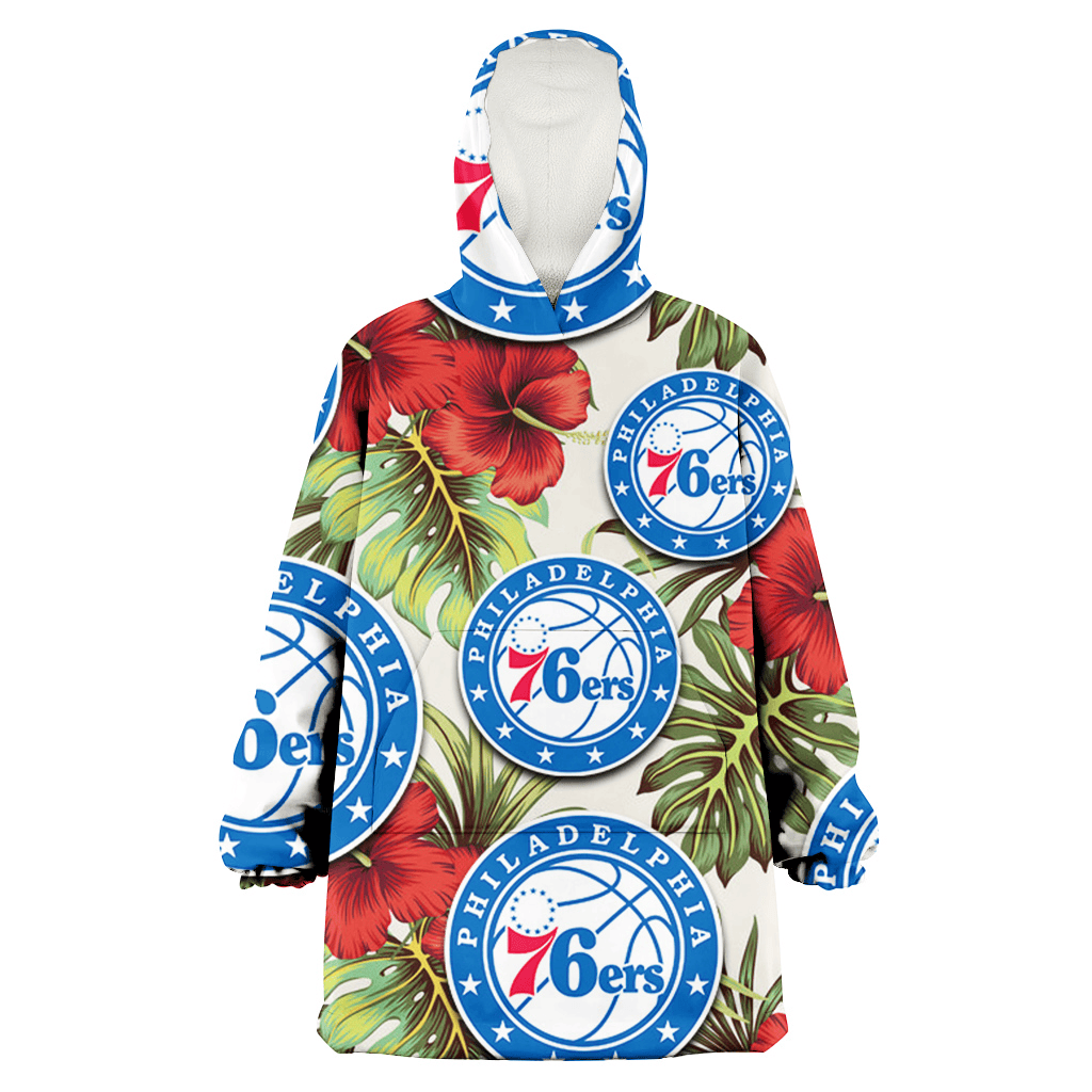 Philadelphia 76ers Red Hibiscus Green Tropical Leaf Cream Background 3D Printed Hoodie Blanket Snug Hoodie