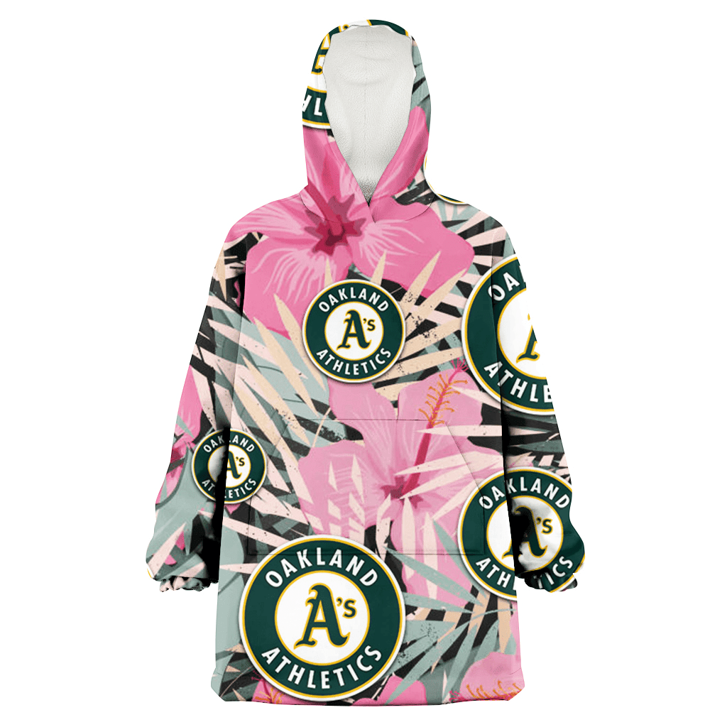 Oakland Athletics Light Pink Hibiscus Pale Green Leaf Black Background 3D Printed Hoodie Blanket Snug Hoodie