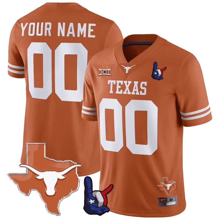 Texas Longhorns Throwing Up The H & Texas State Map Patch Custom Jersey ...