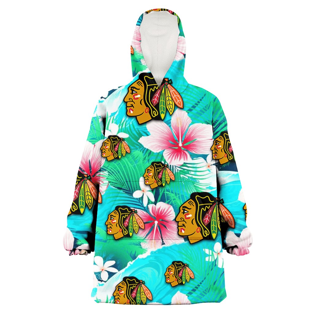 Chicago Blackhawks Pink Hibiscus Green Leaf Blue Background 3D Printed Hoodie Blanket Snug Hoodie