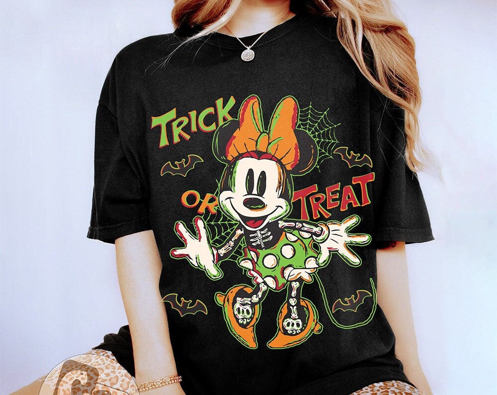 Retro Minnie Halloween Trick Or Treat Shirt, Minnie Skeleton Halloween Shirt, Disney Halloween Party Shirt, Halloween Matching Shirt  - Onlyshirt Fashion