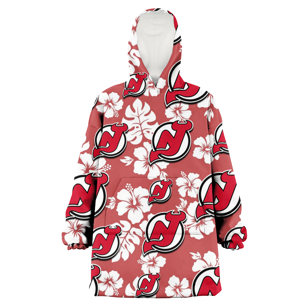 New Jersey Devils White Hibiscus Indian Red Background 3D Printed Hoodie Blanket Snug Hoodie