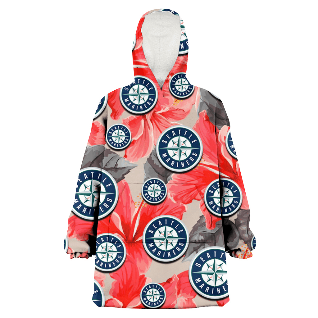 Seattle Mariners Red Hibiscus Gray Leaf Gainsboro Background 3D Printed Hoodie Blanket Snug Hoodie