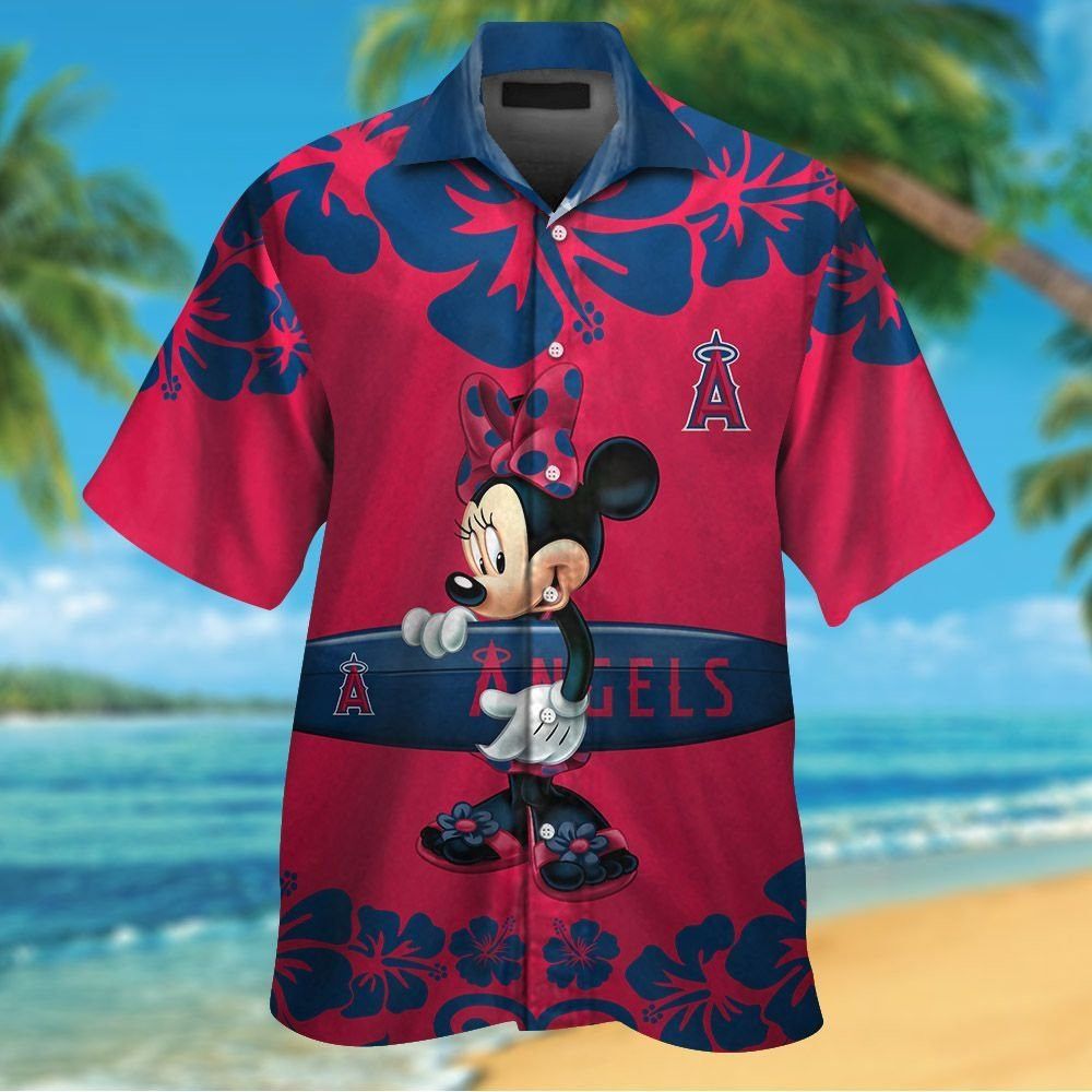 Los Angeles Angels Minnie Mouse Short Sleeve Button Up Tropical Hawaiian Shirt