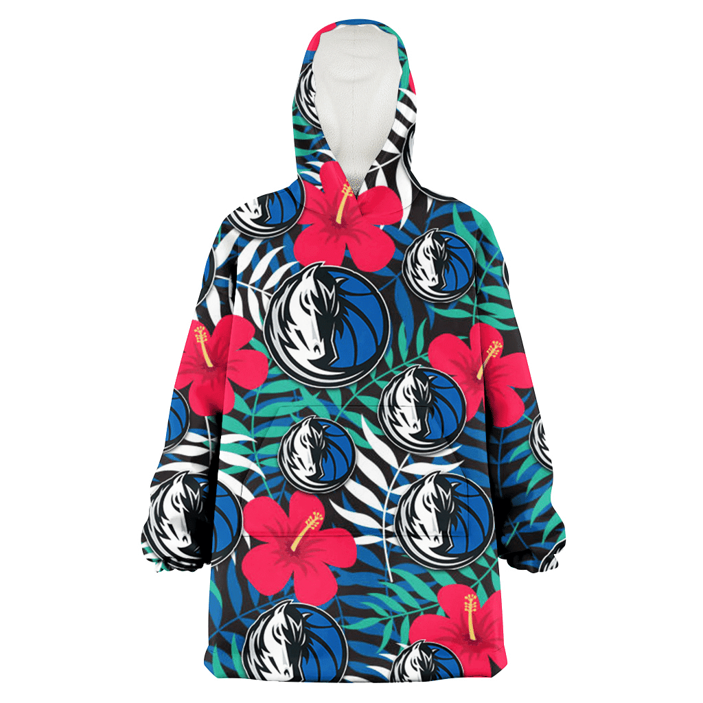 Dallas Mavericks Red Hibiscus Green Blue White Leaf Black Background 3D Printed Hoodie Blanket Snug Hoodie