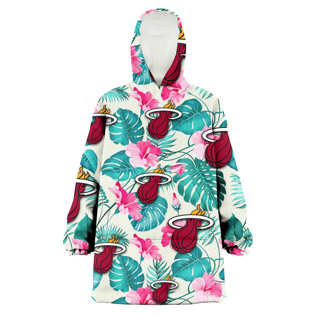 Miami Heat Pink Hibiscus Green Leaf Beige Background 3D Printed Hoodie Blanket Snug Hoodie