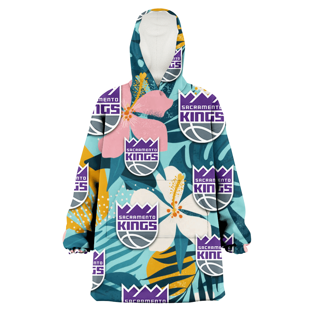 Sacramento Kings Pastel Color Hibiscus Tropical Leaves Light Green Background 3D Printed Hoodie Blanket Snug Hoodie