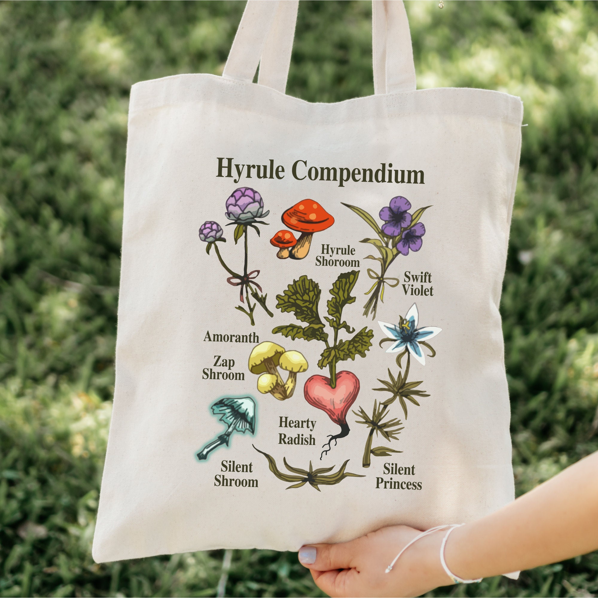 The Legend of Zelda Inspired Flora & Fauna of Hyrule Cotton Canvas Tote Bag, Hyrule Compendium Cotton Canvas Tote Bag