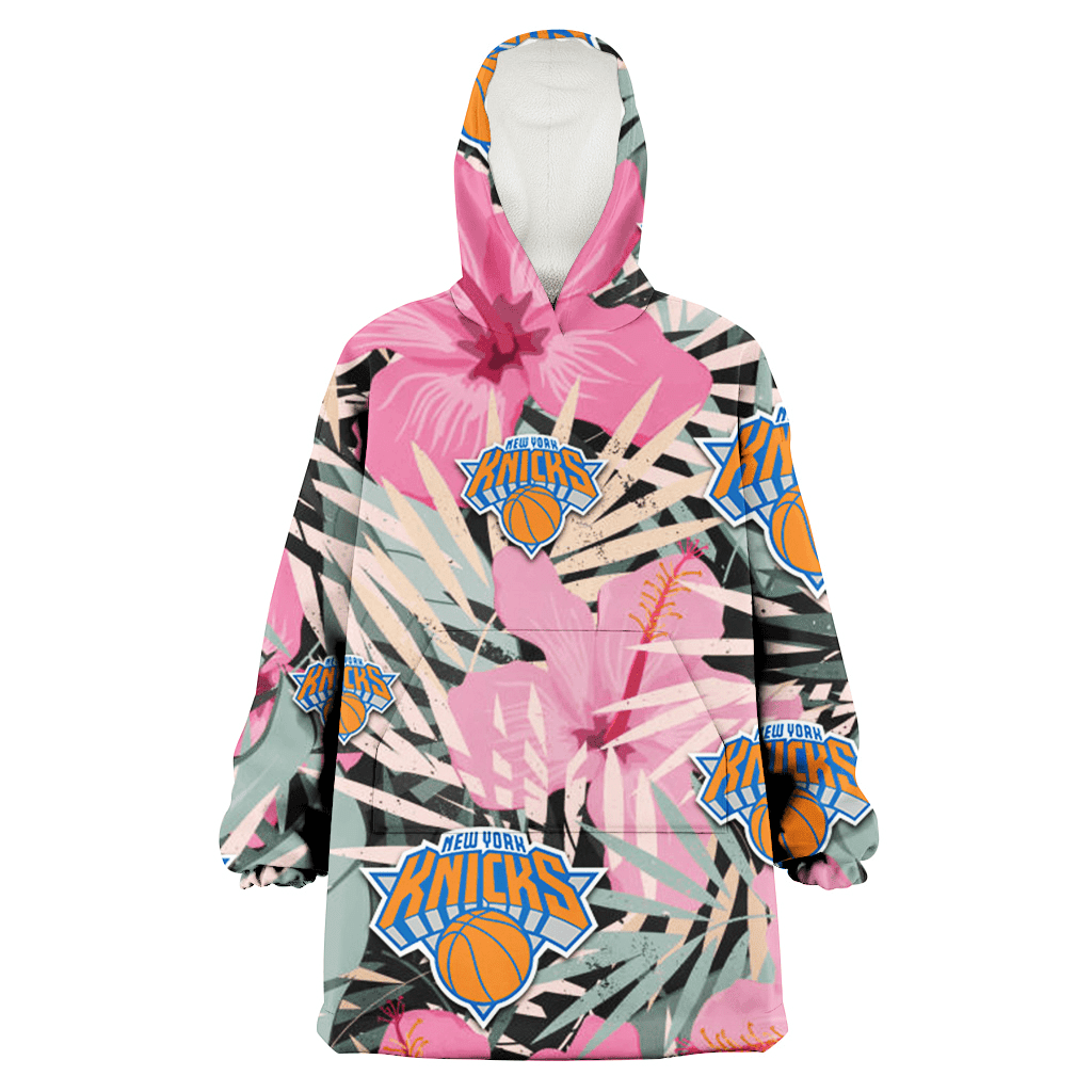 New York Knicks Light Pink Hibiscus Pale Green Leaf Black Background 3D Printed Hoodie Blanket Snug Hoodie