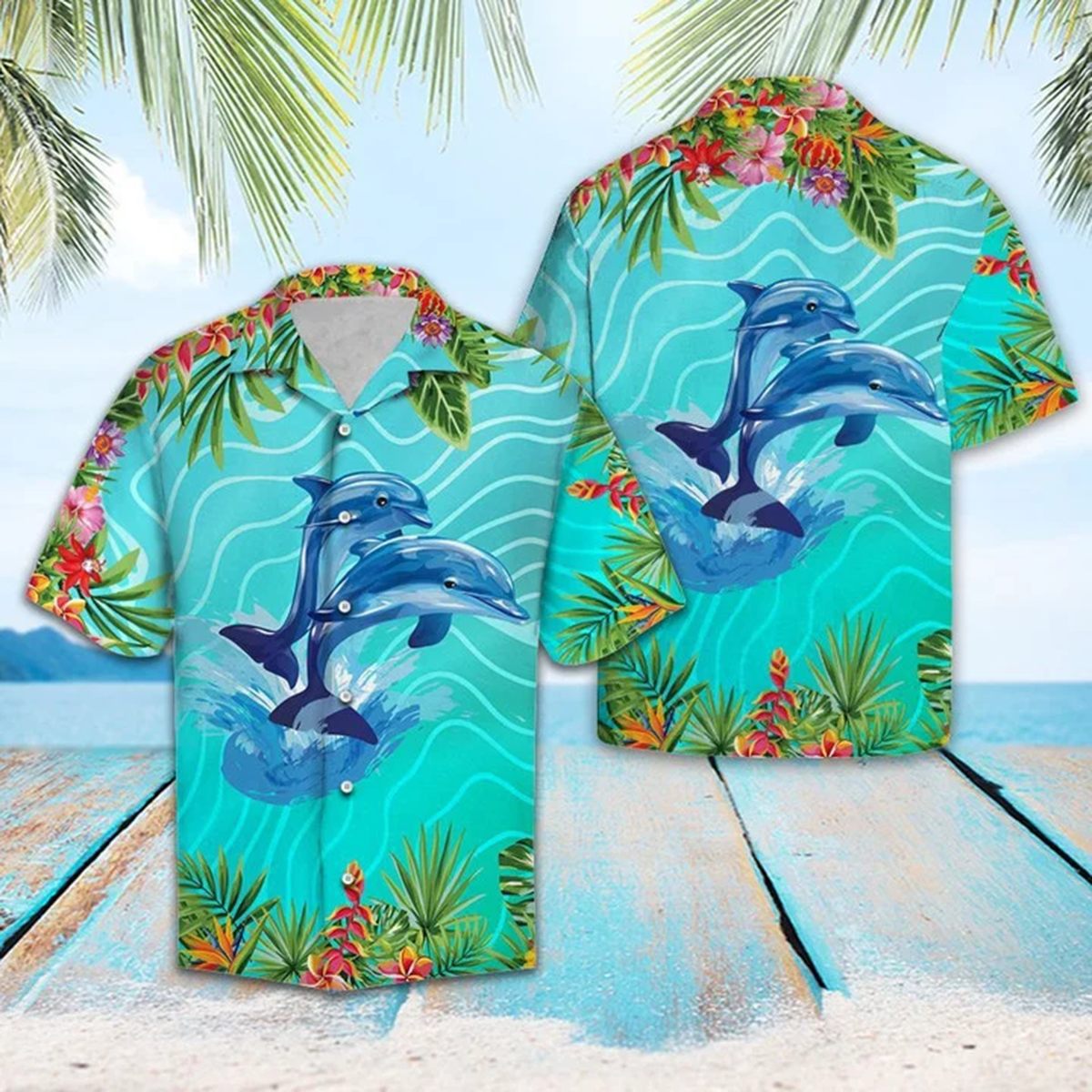 A Couple Of Dolphin Love Summer Vacation Themed Pattern Hawaiian Shirt, Aloha Shirt