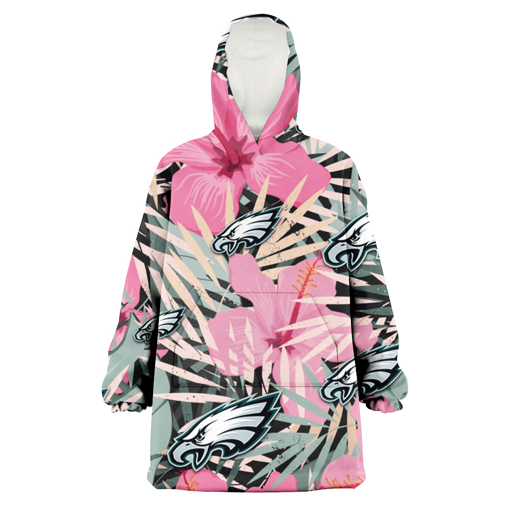 Philadelphia Eagles Light Pink Hibiscus Pale Green Leaf Black Background 3D Printed Hoodie Blanket Snug Hoodie