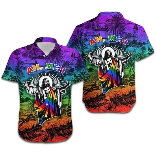 Ah Men Funny Jesus Lgbt Pride Aloha Hawaiian Shirts For Men And Women