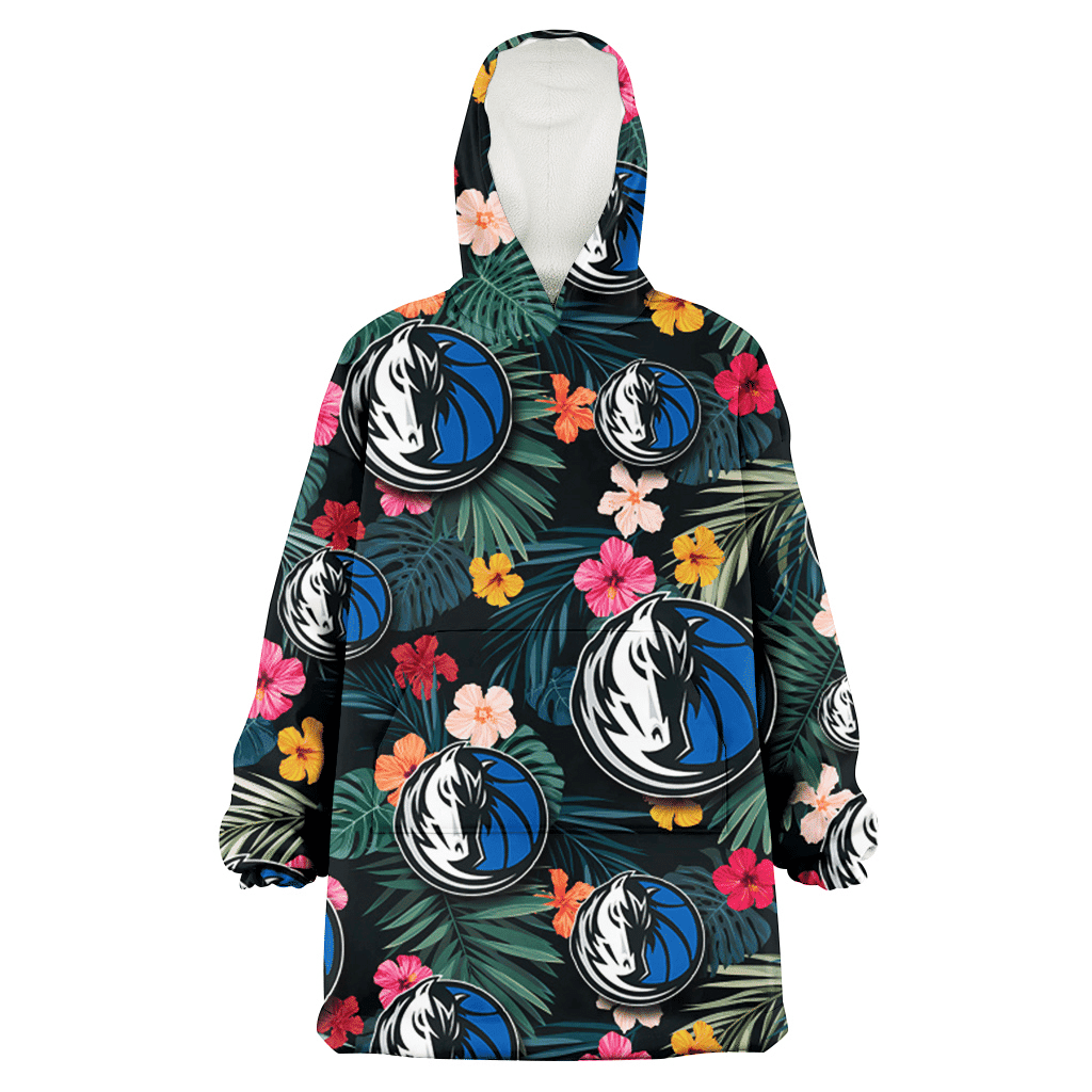Dallas Mavericks Pink Yellow Orange Hibiscus Big Tropical Leaf Black Background 3D Printed Hoodie Blanket Snug Hoodie