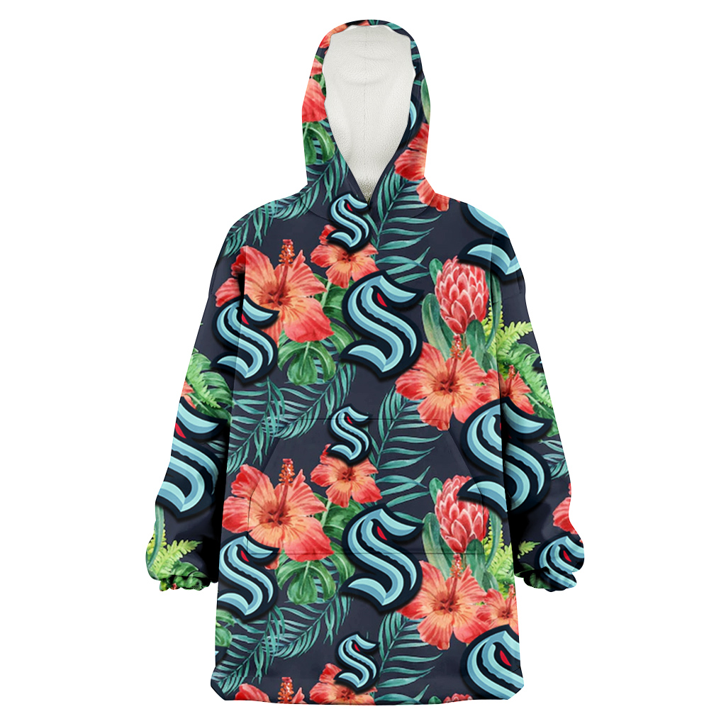 Seattle Kraken Orange Hibiscus Green Tropical Leaf Dark Background 3D Printed Hoodie Blanket Snug Hoodie