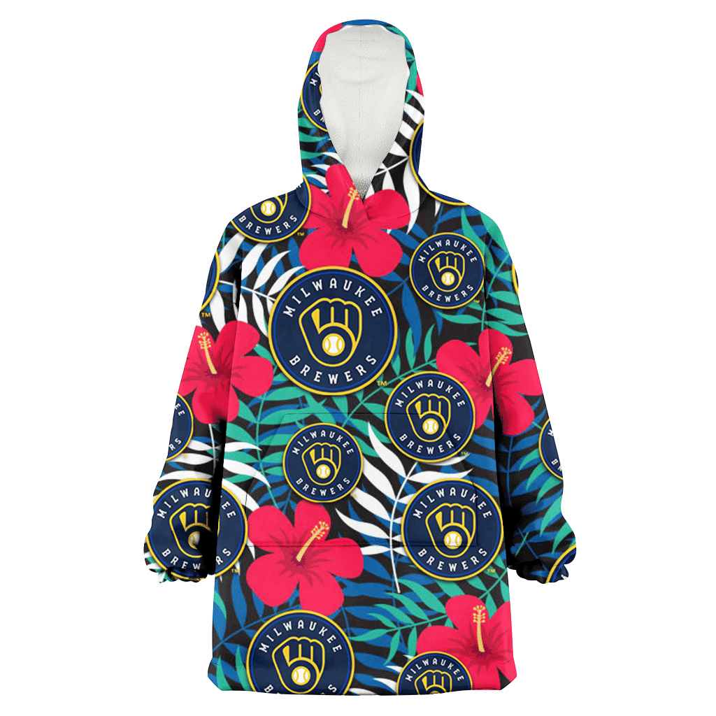 Milwaukee Brewers Red Hibiscus Green Blue White Leaf Black Background 3D Printed Hoodie Blanket Snug Hoodie