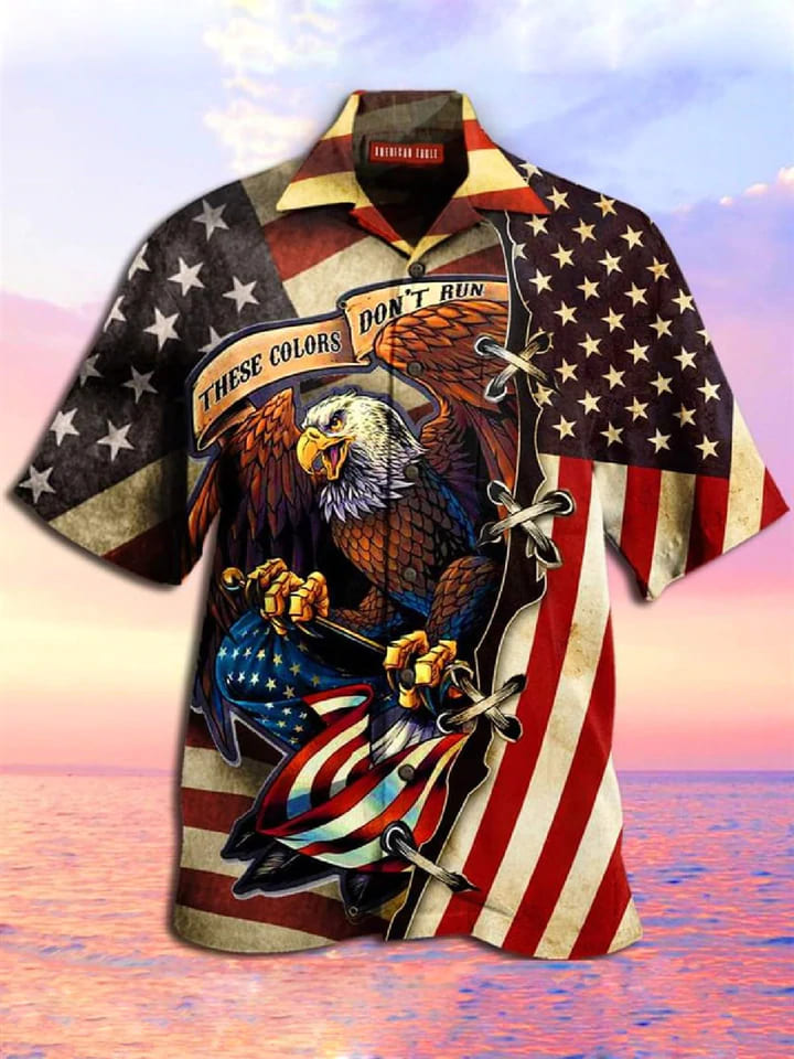 Men’S American Flag Eagle Print Collar Hawaiian Shirt, 4Th Of July Men’S Short Sleeve Patriotic Shirt