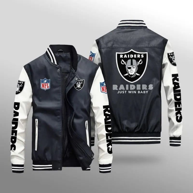 Las Vegas Raiders NFL Team Personalized Name Back Logo Leather Bomber Jacket