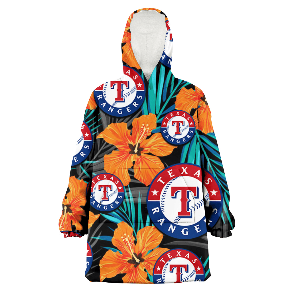 Texas Rangers Orange Hibiscus Blue Gray Leaf Black Background 3D Printed Hoodie Blanket Snug Hoodie