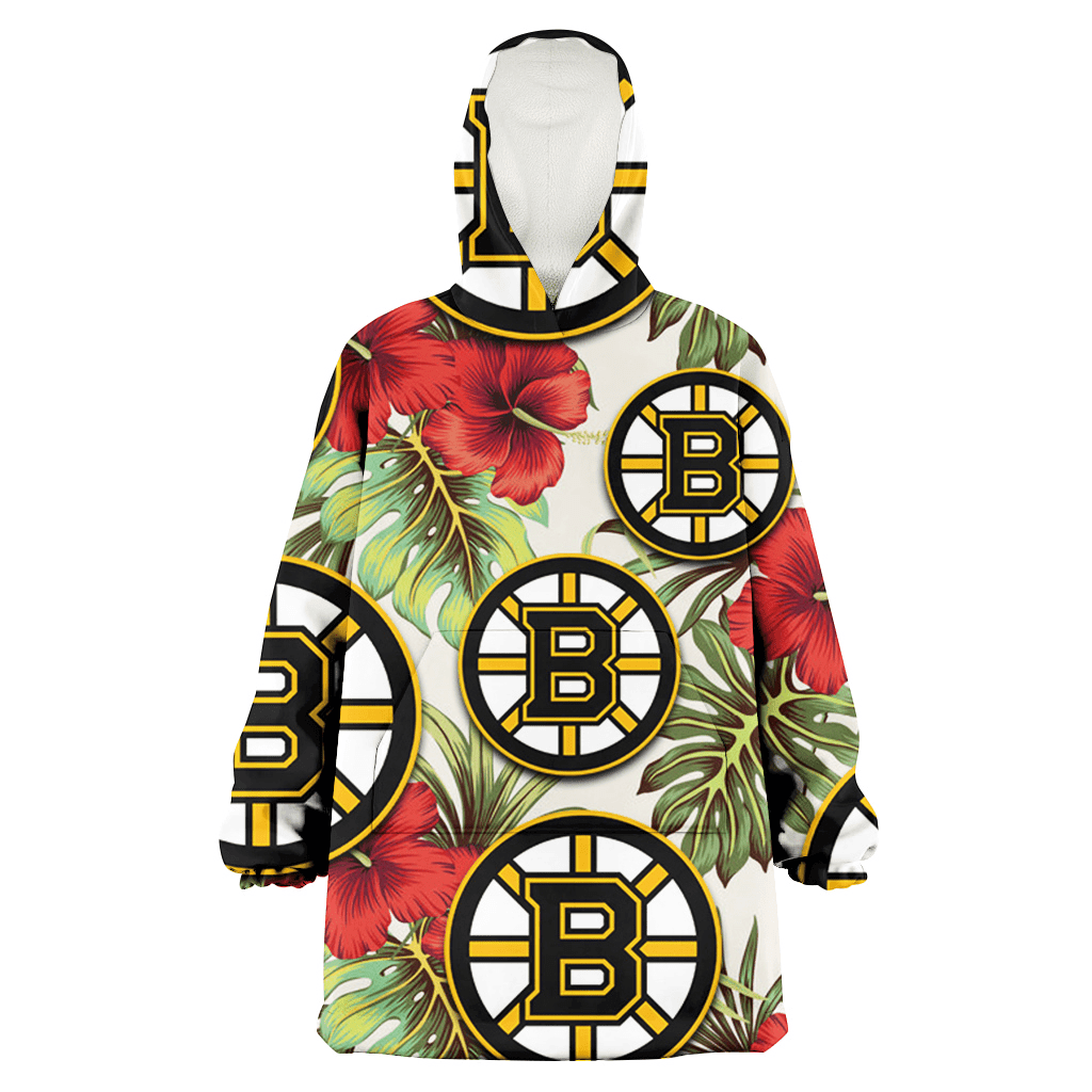 Boston Bruins Red Hibiscus Green Tropical Leaf Cream Background 3D Printed Hoodie Blanket Snug Hoodie