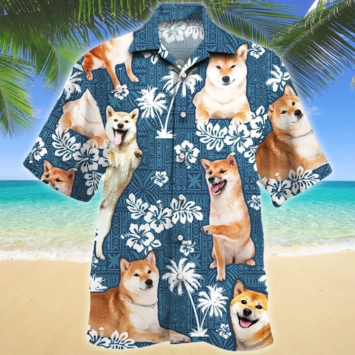 Happy Shiba Inu Dog Blue Tribal Pattern White Plant Hawaiian Shirt