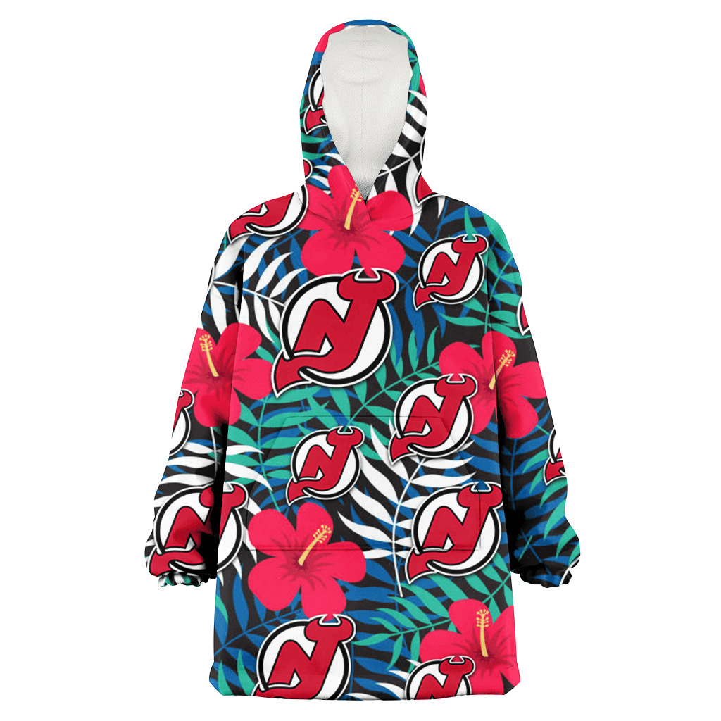 New Jersey Devils Red Hibiscus Green Blue White Leaf Black Background 3D Printed Hoodie Blanket Snug Hoodie