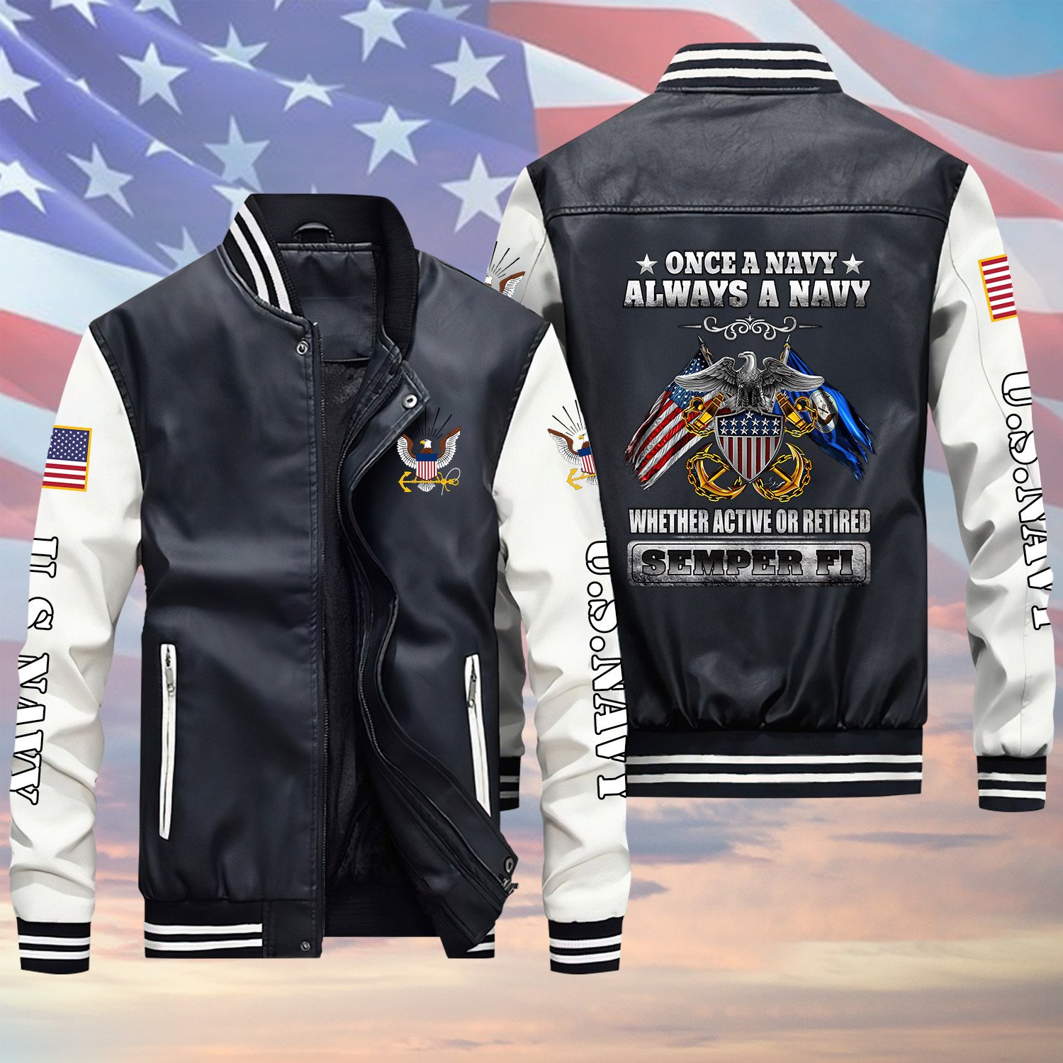 Once A Navy Always A Navy Semper Fi US Veteran Black Winter Gear Leather Bomber Leterman Varsity Jacket