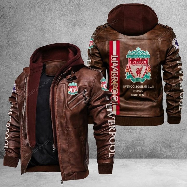 Liverpool F.C Premier League Leather Jacket With Hood Brown