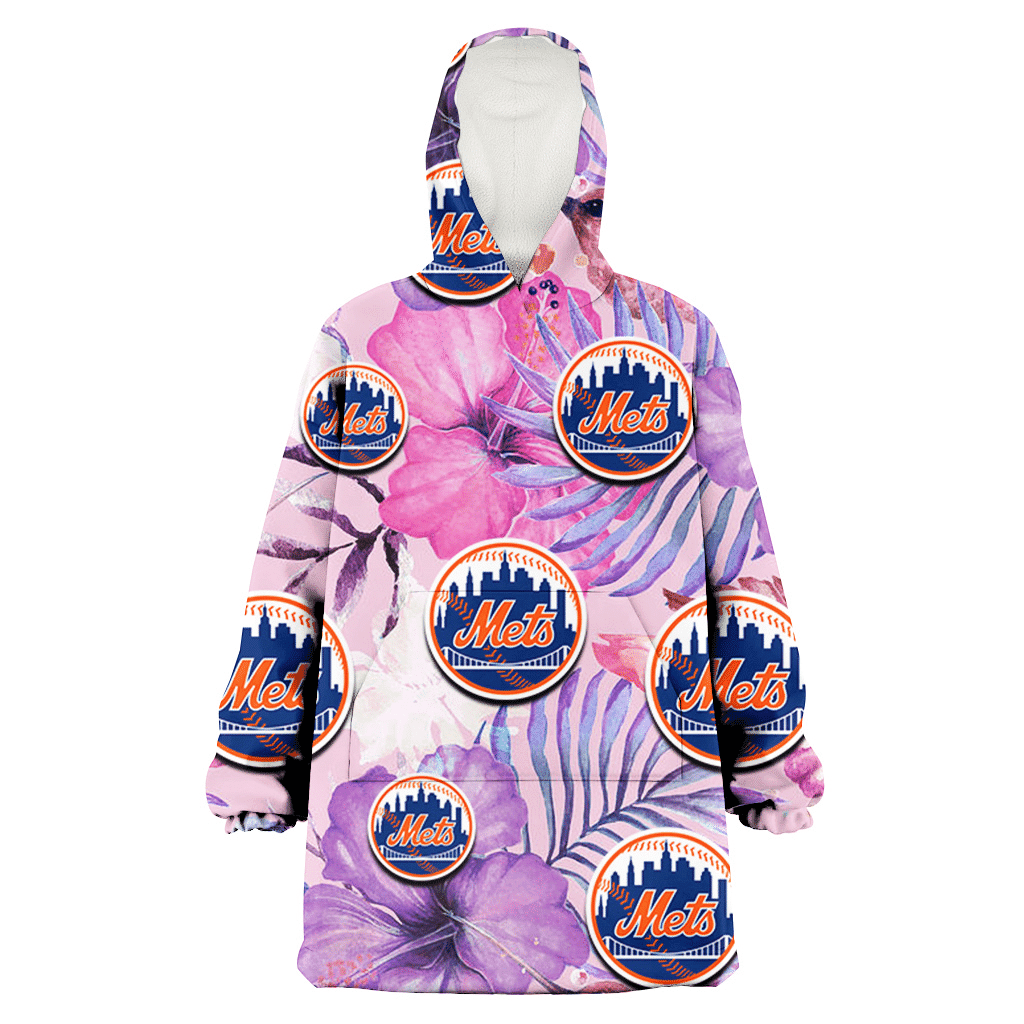 New York Mets White Purple Hibiscus Pink Hummingbird Pink Background 3D Printed Hoodie Blanket Snug Hoodie