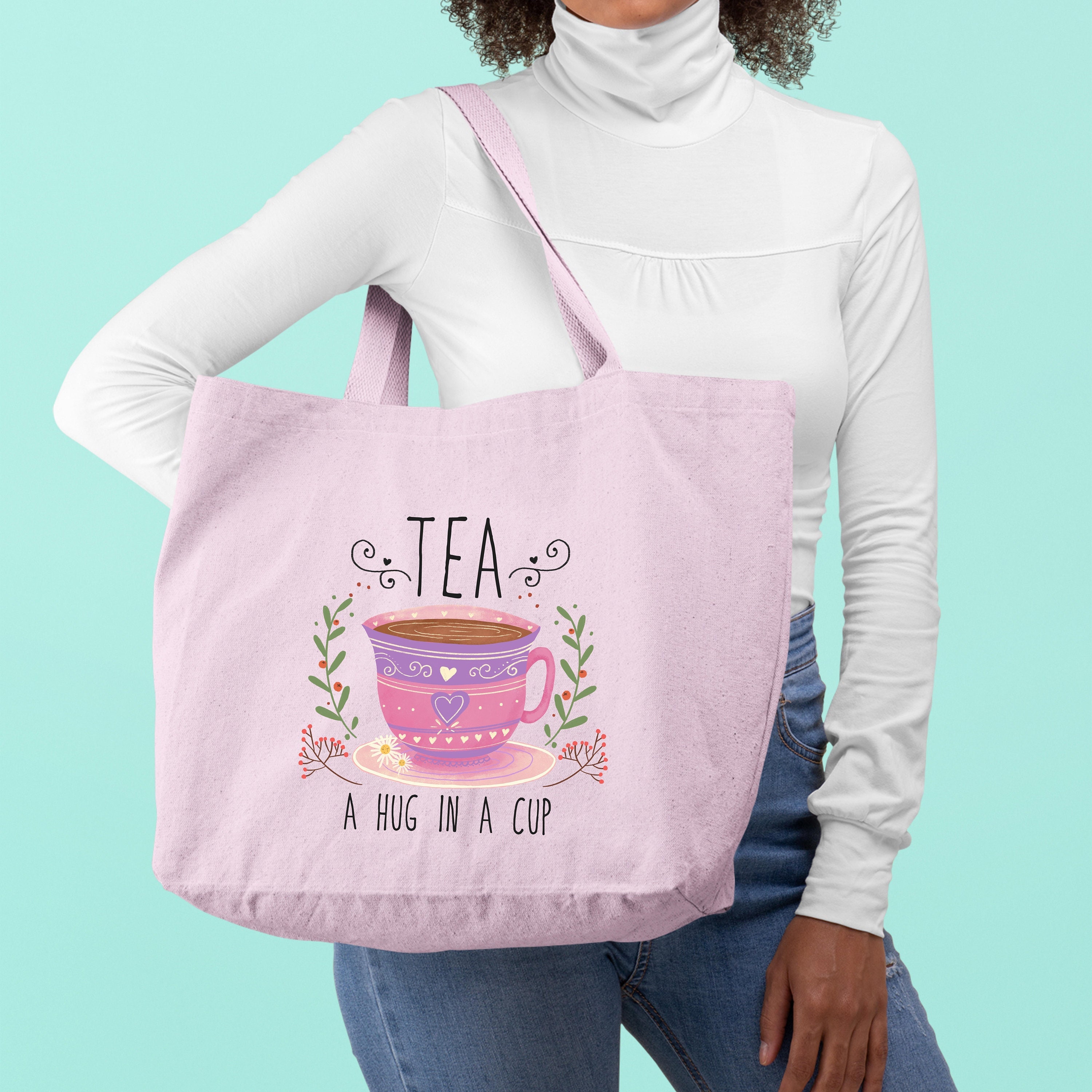 Tea A Hug In A Cup Tote Bag, Unique Gift for Tea Lovers, Tea Addict Tote Bag, Canvas Tote Bag, Women Shoulder Bag, Teacher Bag, Shoulder Bag