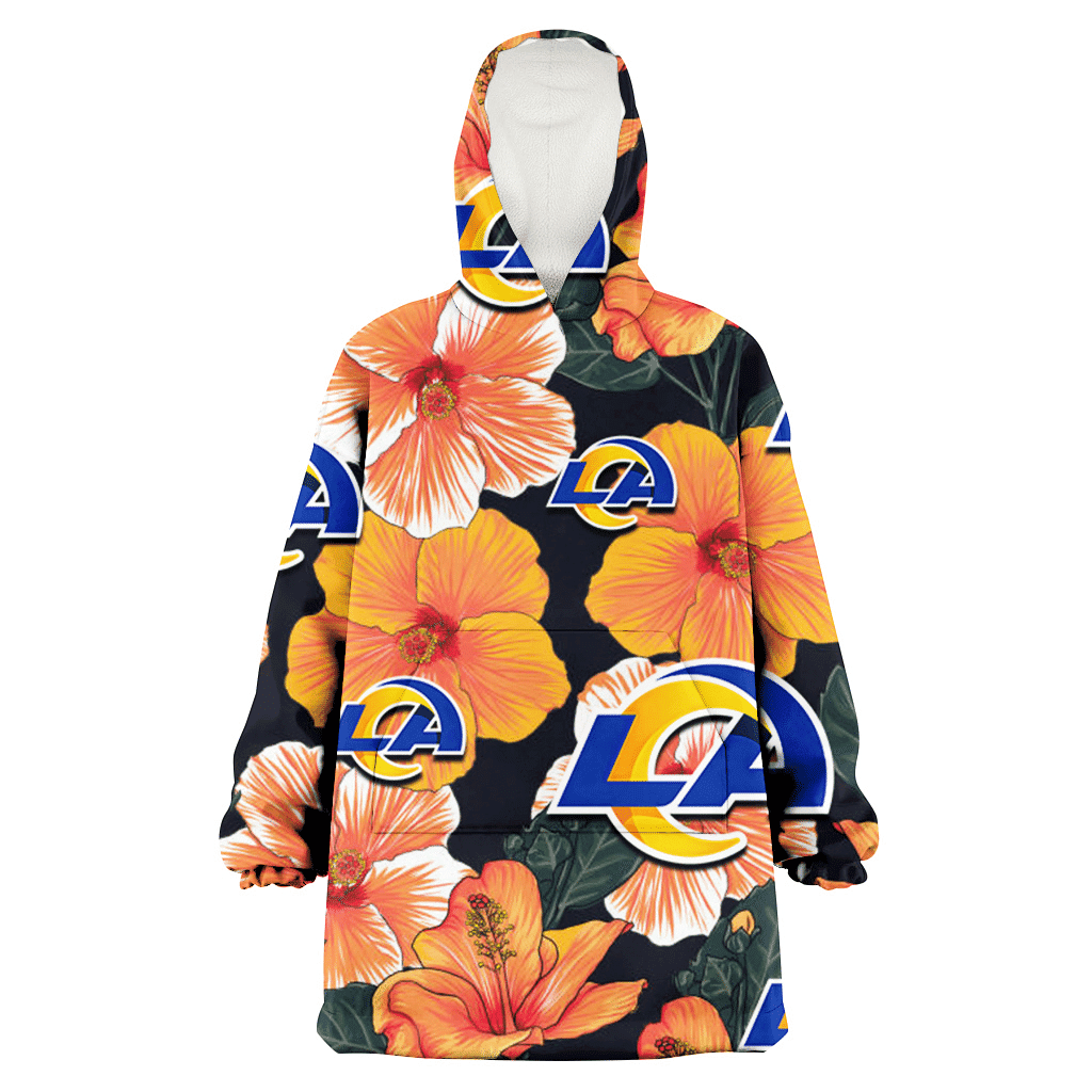 Los Angeles Rams Orange Hibiscus Dark Green Leaf Black Background 3D Printed Hoodie Blanket Snug Hoodie