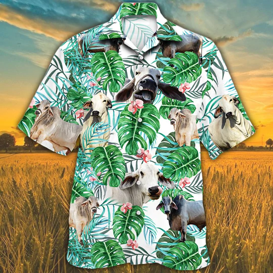 Hawaiian Shirt For Men, Brahman Cattle Lovers Tropical Plant Hawaiian Shirt, Cow Hawaiian Shirt