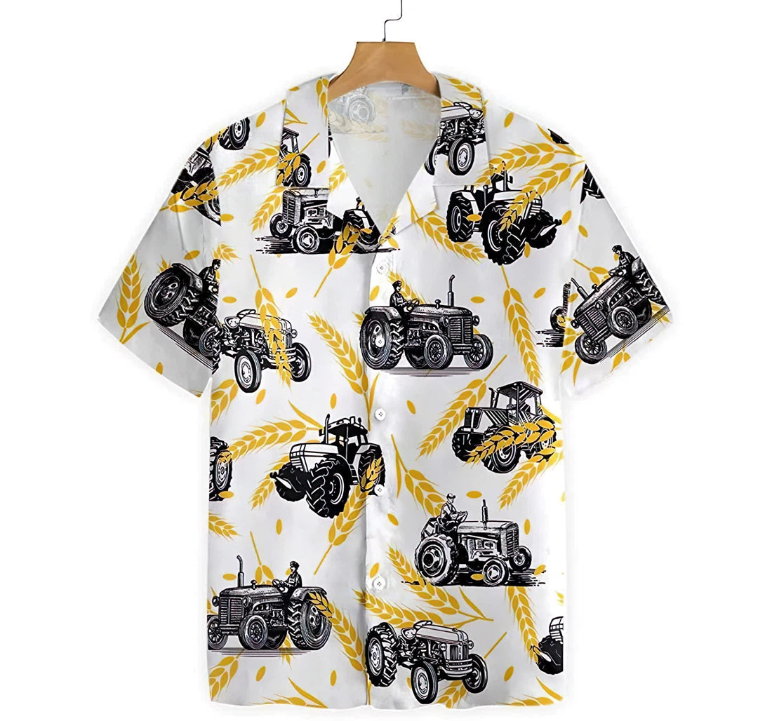 Tractors On Wheat Pattern Summer Clothes Hawaiian Shirt, Button Up Aloha Shirt For Men, Women